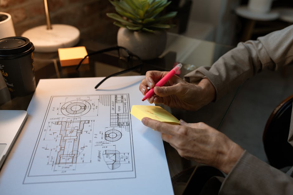 A person annotating a technical blueprint in a modern workspace setting with a laptop and coffee.
