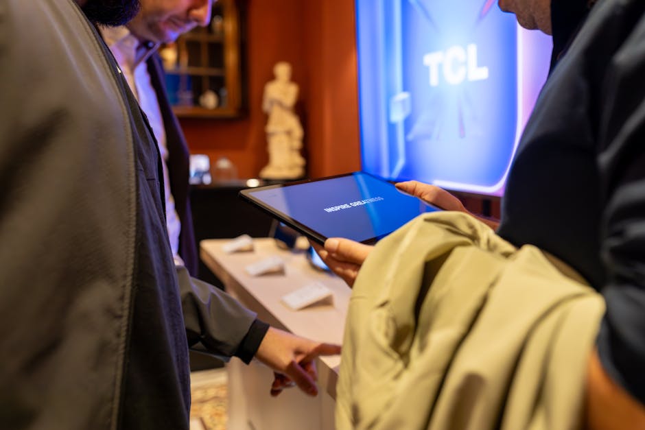 Close-up of individuals exploring a tablet device at a tech exhibit by TCL, highlighting interaction and modern technology.