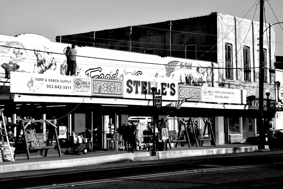 Black and white image of Steele's Feed Store capturing a classic rural Texas setting.